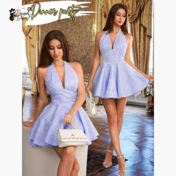 Jacquard Corset Mini Dress Deep V Halter Bow Back Formal Prom - Picture 5 of 7